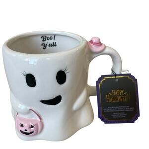 Halloween Ghost Mug With Pink Pumpkin 17oz Cute Ceramic BOO Y'ALL Coffee Cup NEW